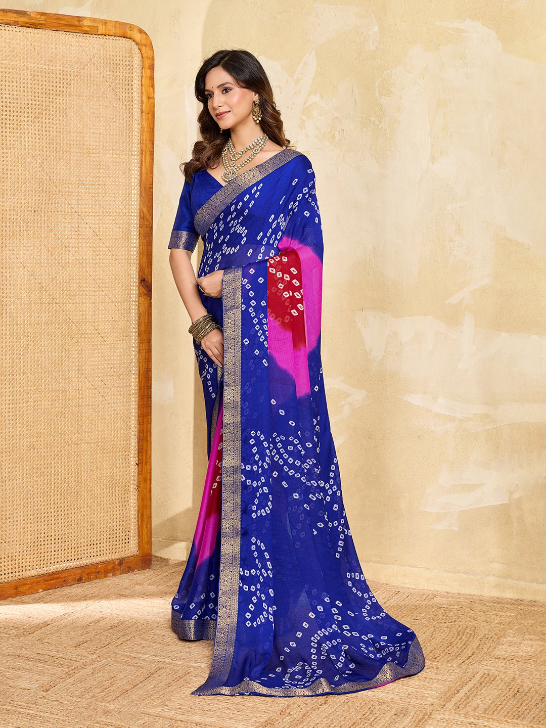 Tanmira  New Classic Bandhani Style Moss Chiffon Georgette Saree with Rich Zari Border KDN