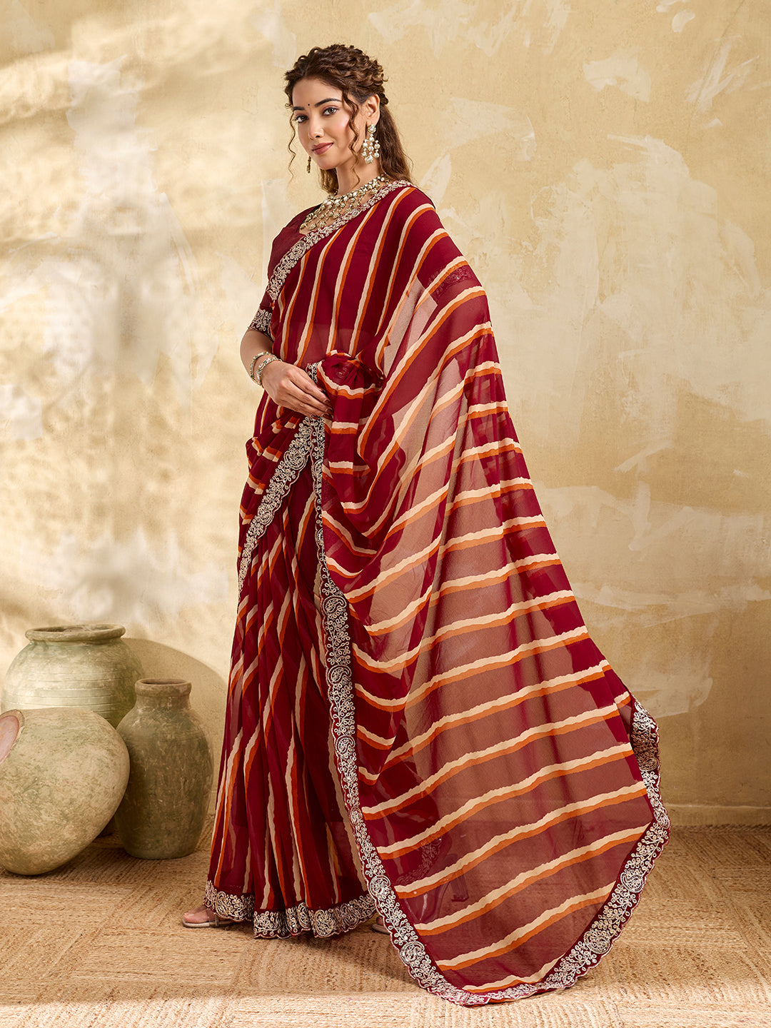 Tanmira  New Spiceal Chiffon Leheriya Style With Embroidery Border Work Saree STL