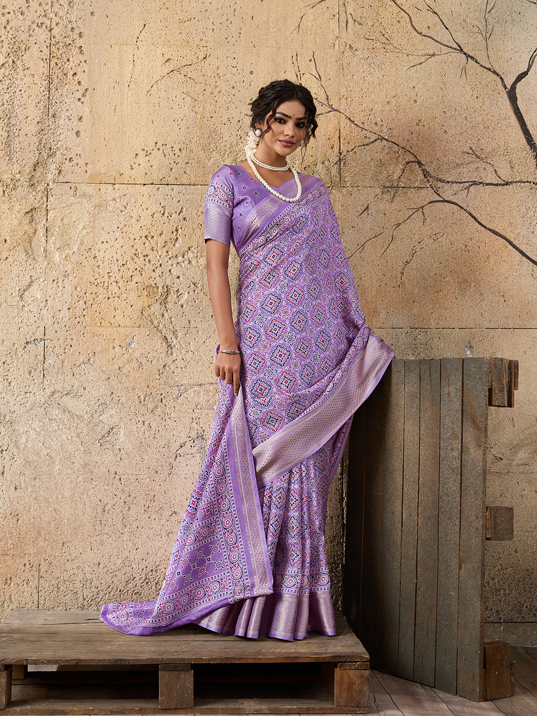 Tanmira  New Launched Cotton silk Ajrakh style With Ajrakh HandPrint Work Saree STL