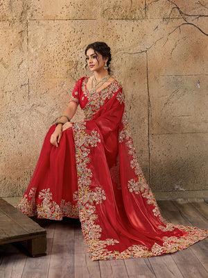 A red saree with floral embroidery 