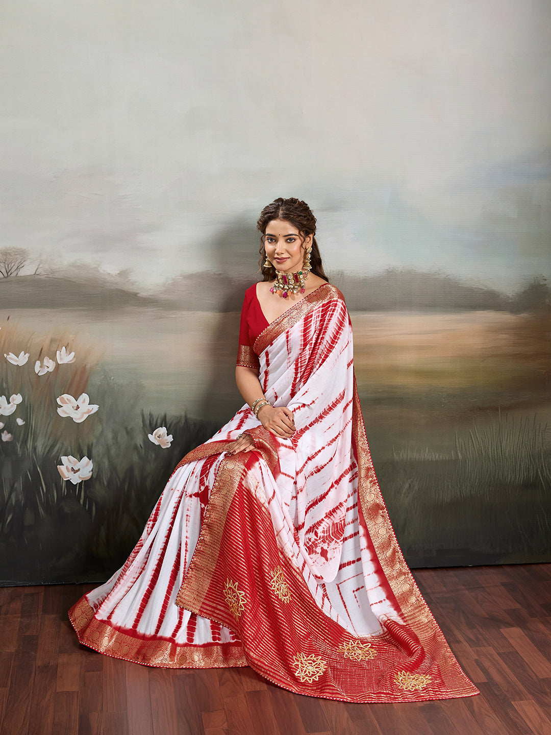 Buy Chiffon Faag Style Saree Whgit Gotapatti Work  Tanmira 