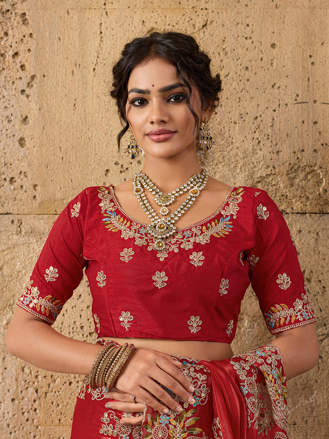 A red saree with floral embroidery 