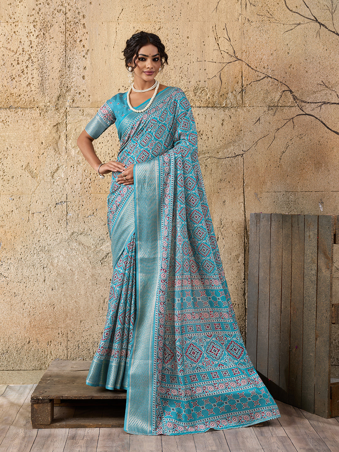 Tanmira  Spiceal Cotton silk Ajrakh style With Ajrakh HandPrint Work Saree STL