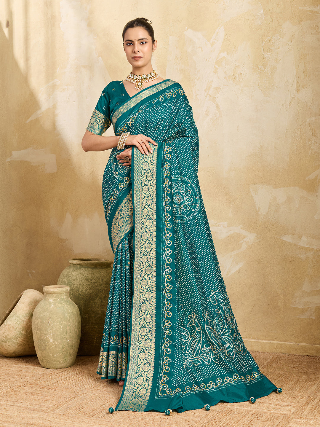Tanmira  New Beautiful Viscos Silk Bandhani Print Gotapatti Aaritari work Saree Green GAN