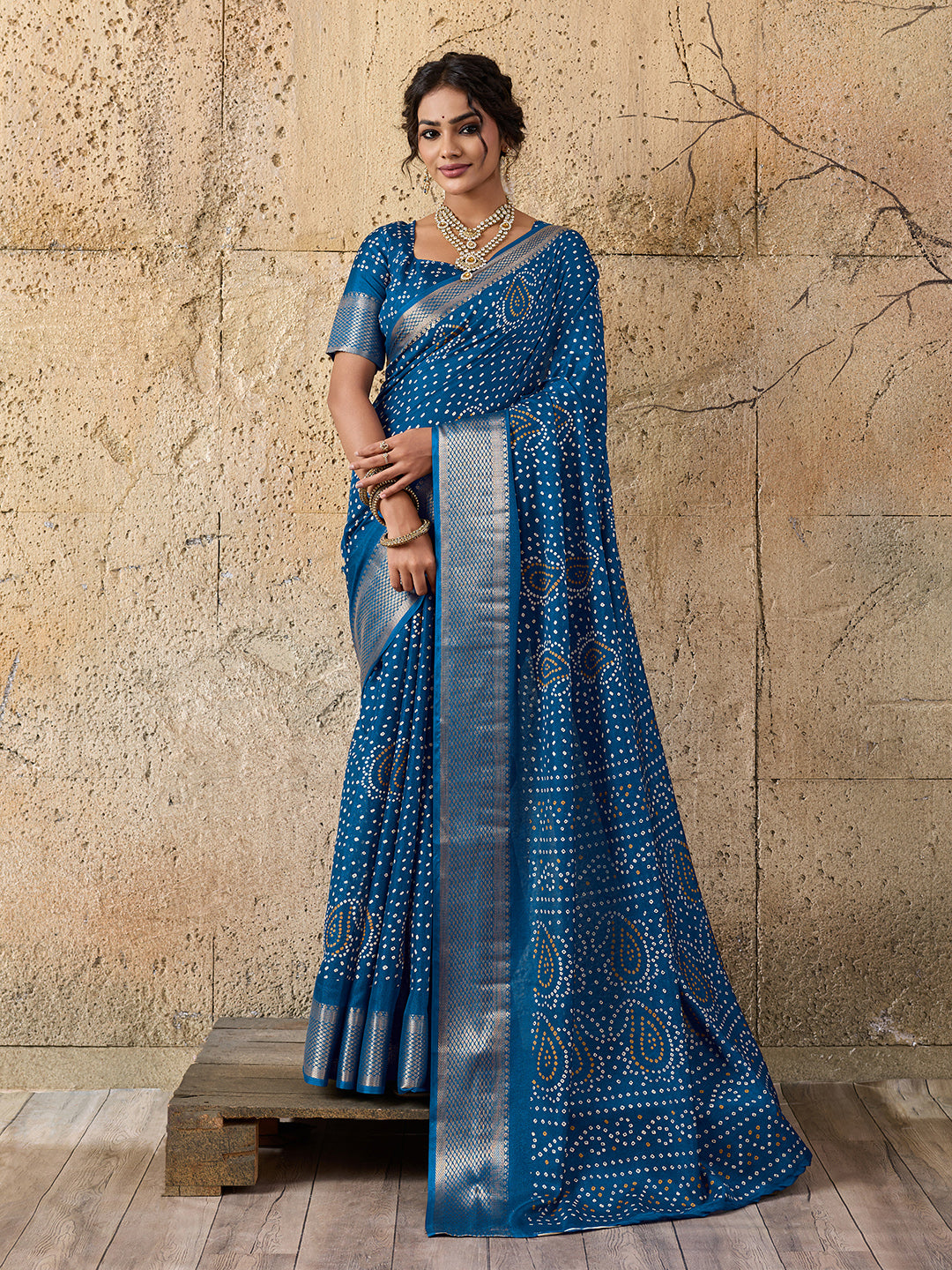 Tanmira  New pure Cotton silk Ajrakh style With Ajrakh HandPrint Work Saree STL