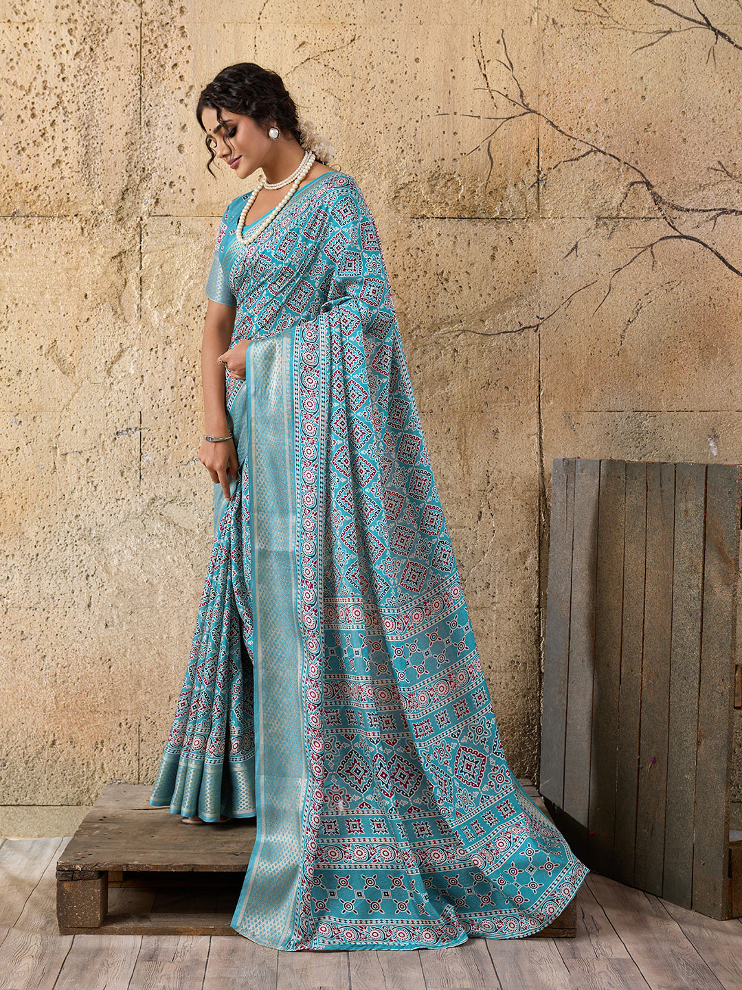 Tanmira  Spiceal Cotton silk Ajrakh style With Ajrakh HandPrint Work Saree STL
