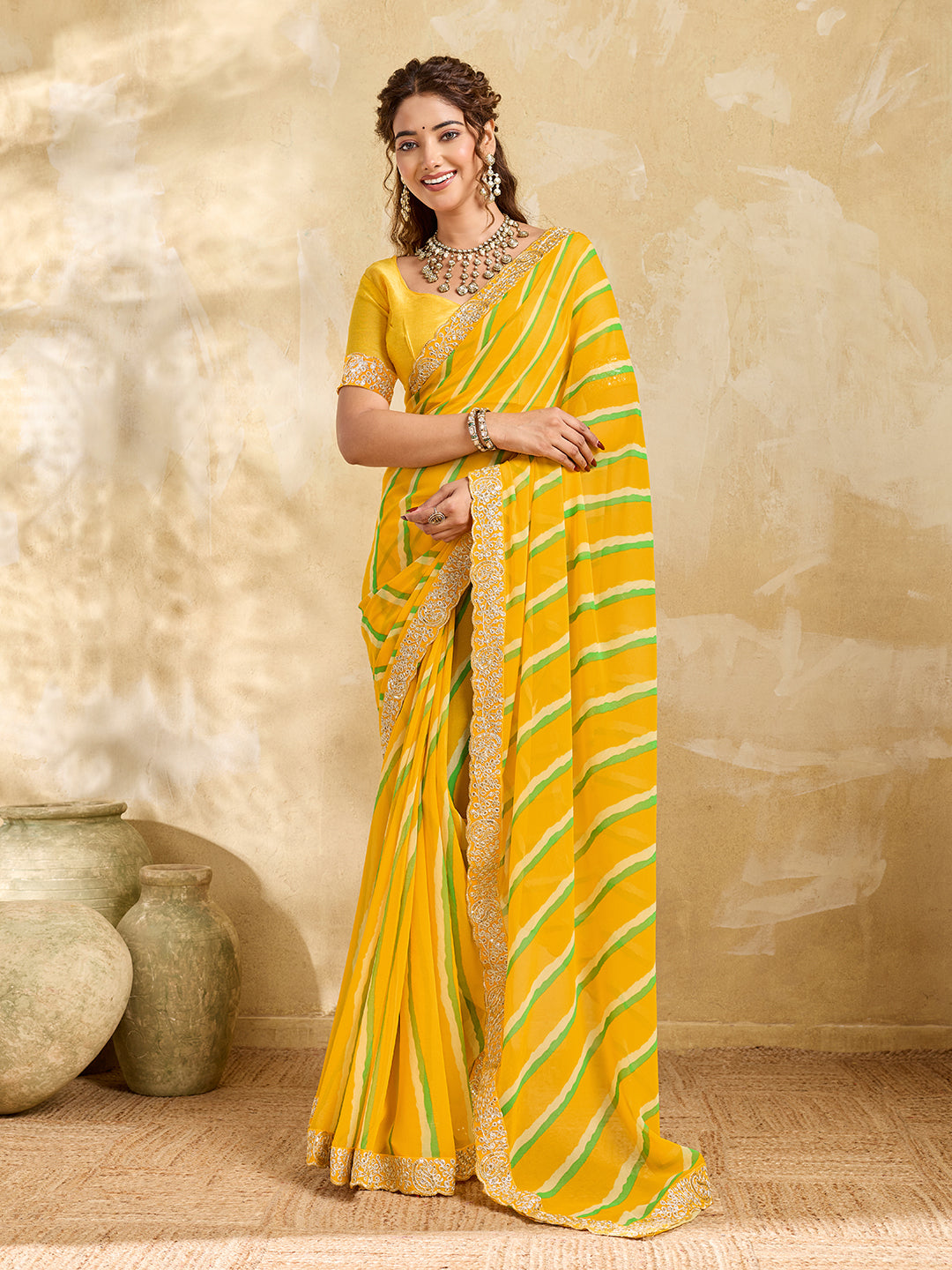 Tanmira  Latest New Chiffon Leheriya Style With Embroidery Border Work Saree STL