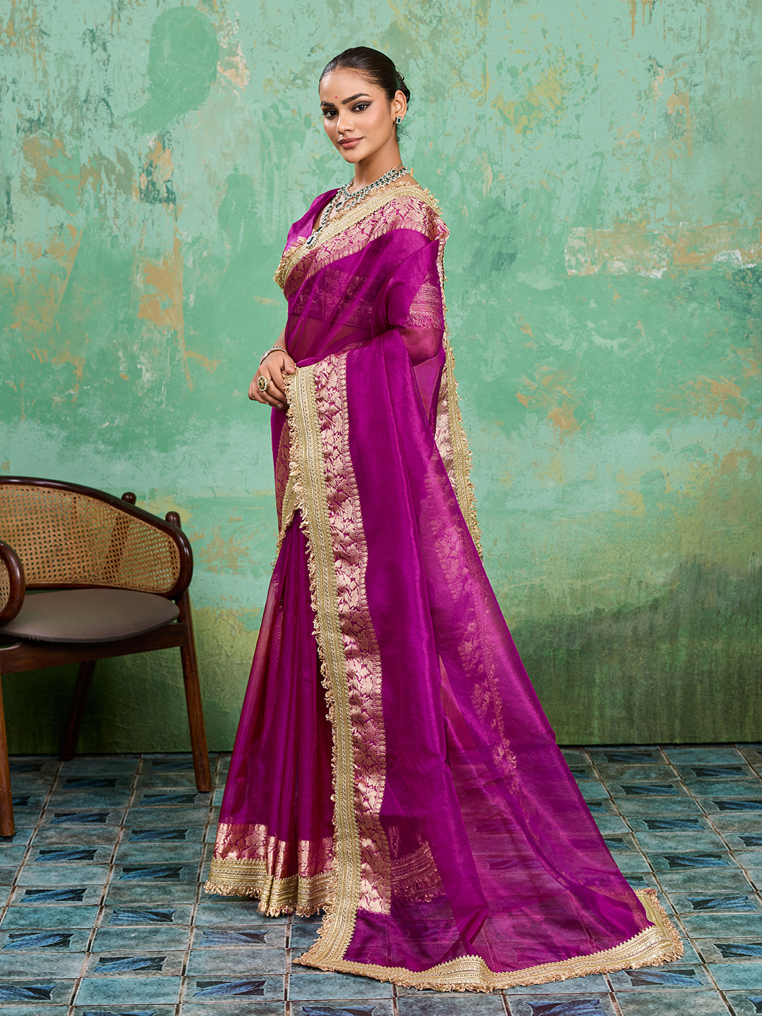  treding Tissue Silk saree in rani colour 