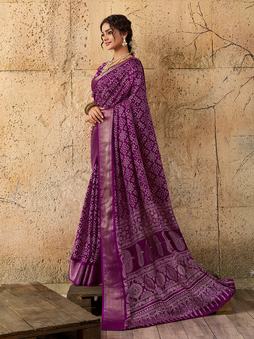 Tanmira  New Launched Cotton silk Ajrakh style With Ajrakh HandPrint Work Saree STL