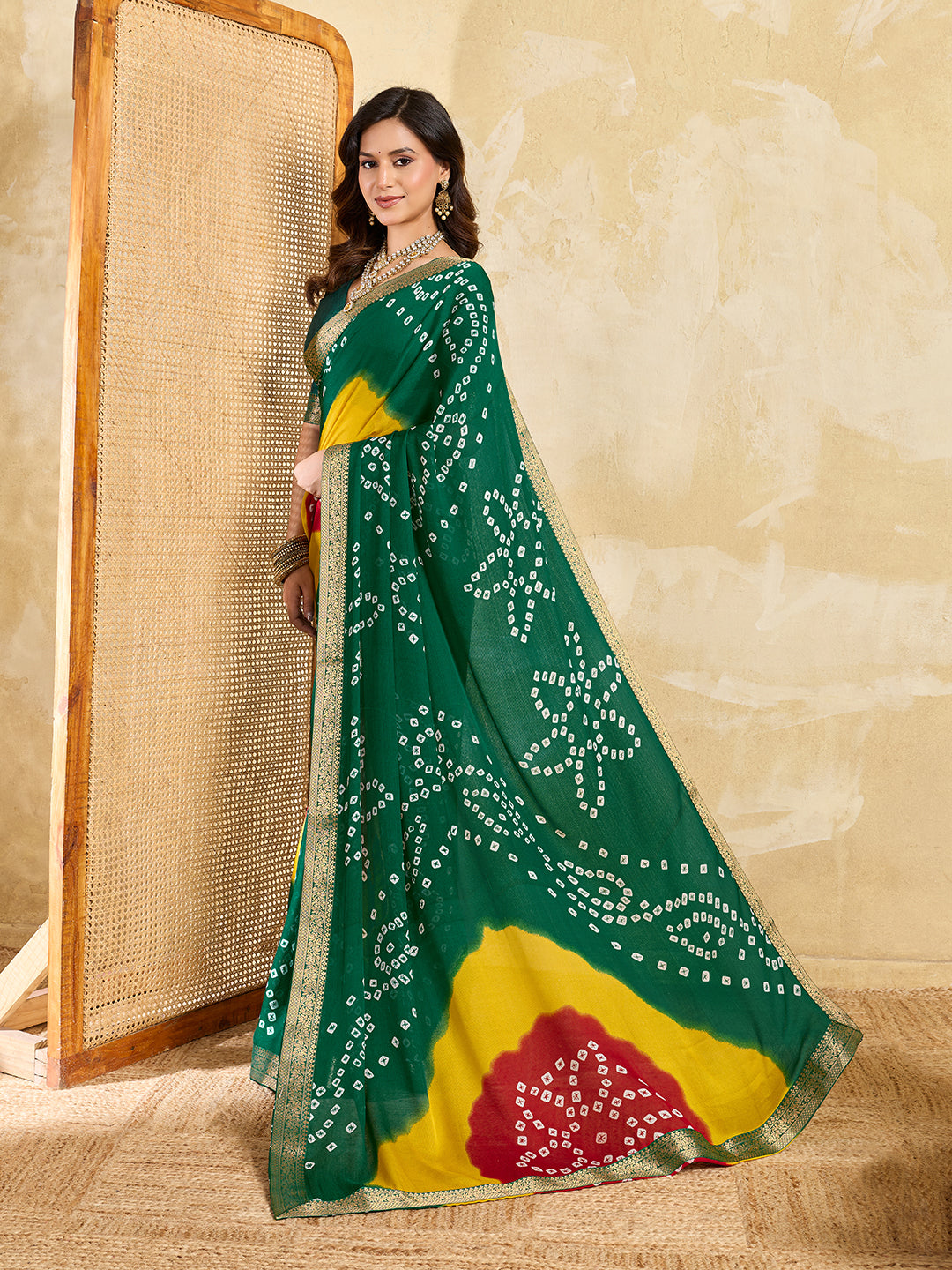 Tanmira  New Elegant Moss Chiffon Georgette Bandhani Saree with Zari Border KDN