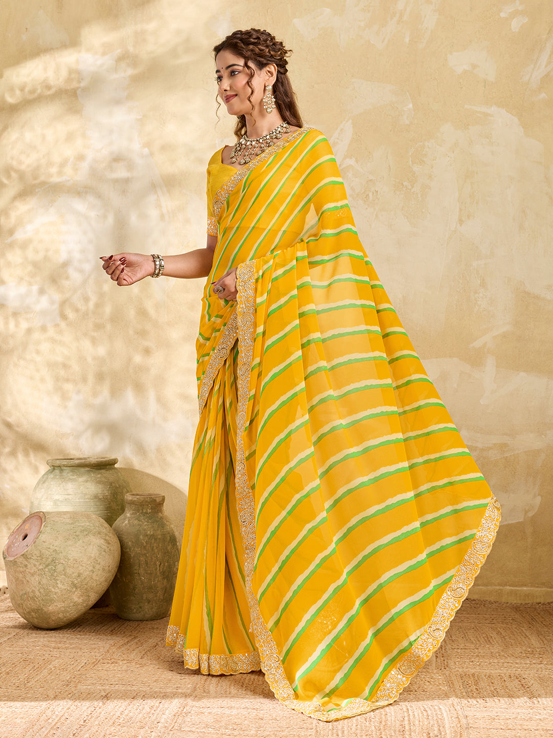 Tanmira  Latest New Chiffon Leheriya Style With Embroidery Border Work Saree STL