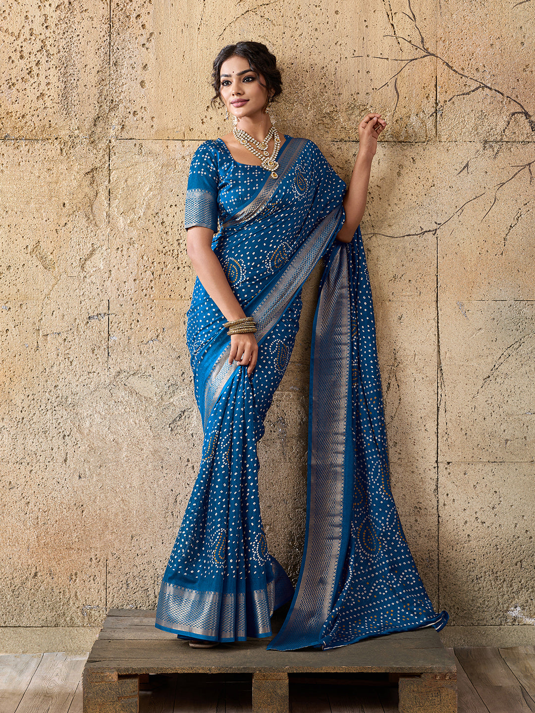 Tanmira  New pure Cotton silk Ajrakh style With Ajrakh HandPrint Work Saree STL