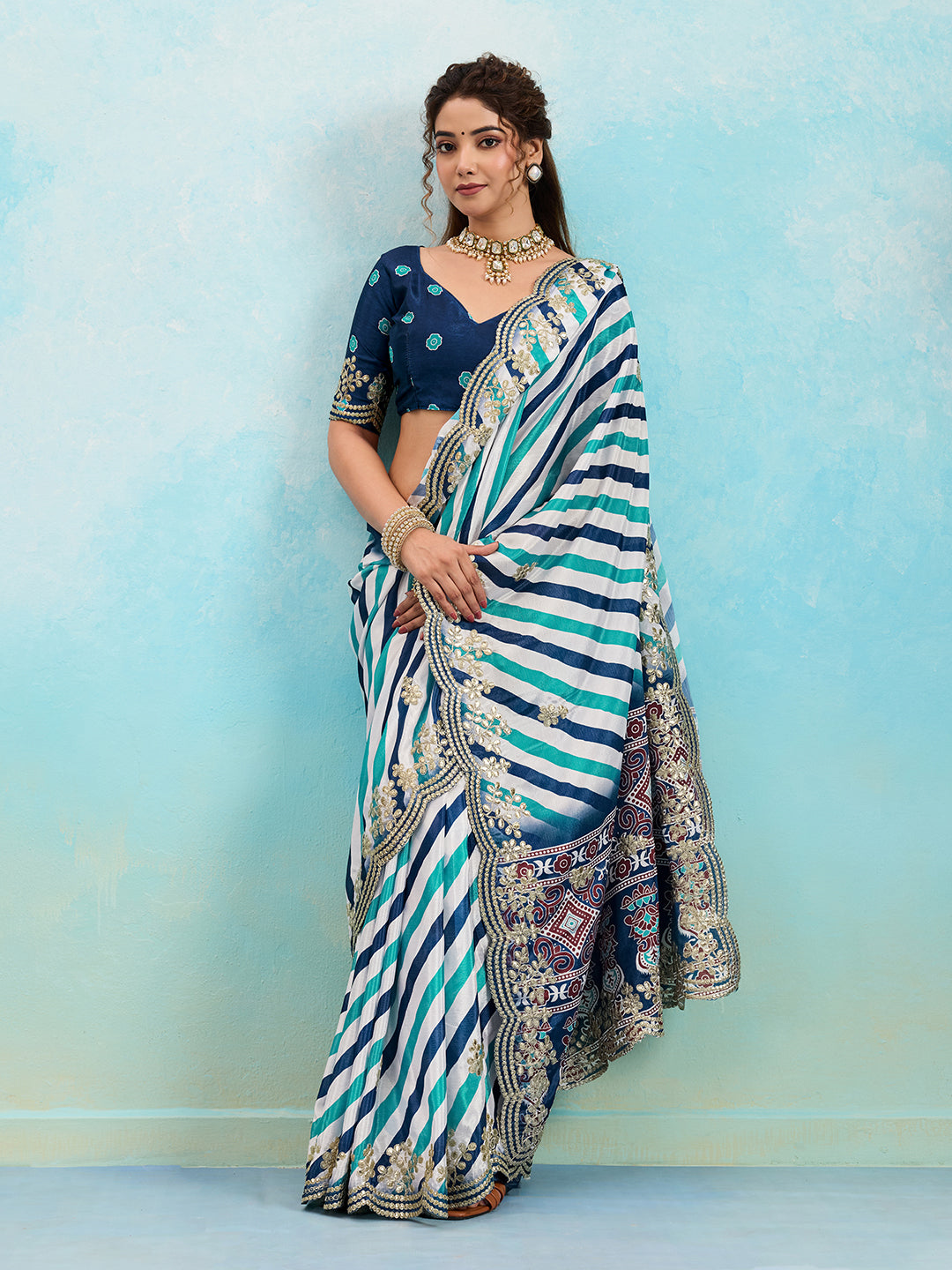 Tanmira  New Elegant Chinon Silk Leheriya Saree with Gotapatti Border ASH