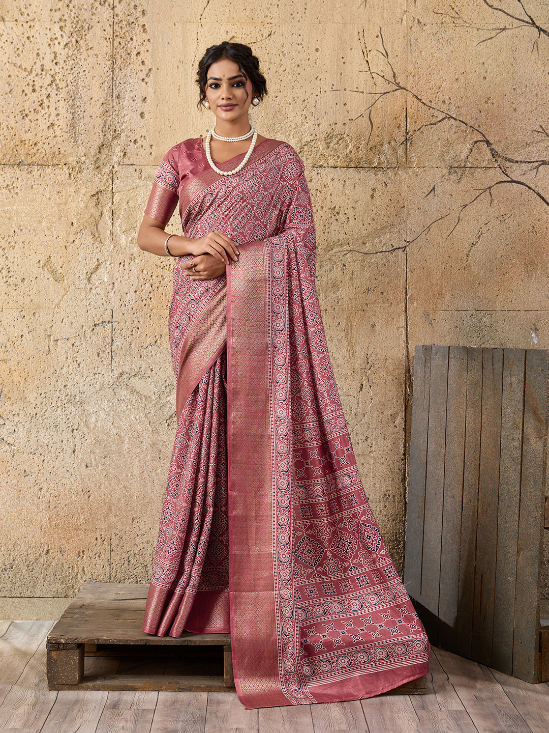 Tanmira  New Latest Cotton silk Ajrakh style With Ajrakh HandPrint Work Saree STL