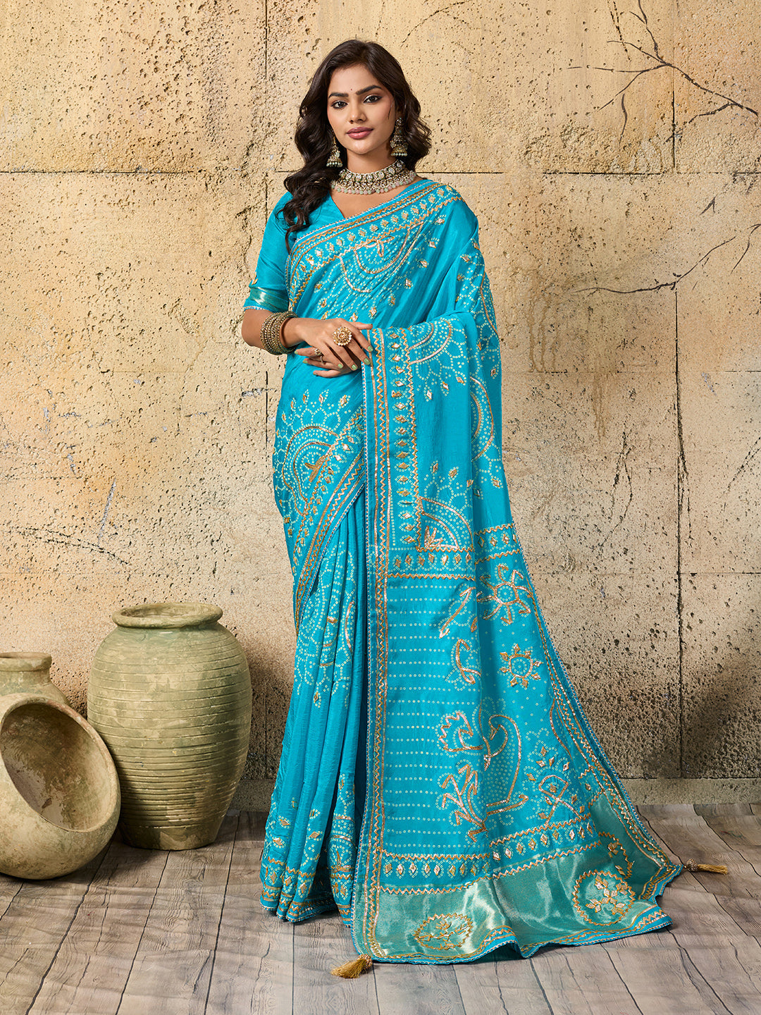 Buy Bandhani with Kachha Gota Patti Glow Modal Silk Saree Tanmira