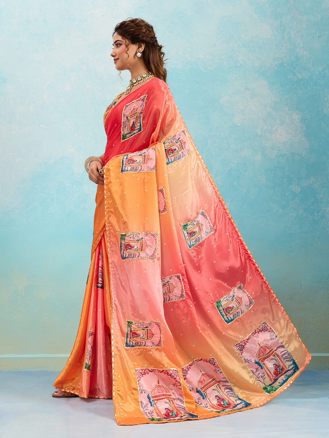 Tanmira  New Premium Chinon Silk Saree in Kalamkari Style with Gota Detailing GAN