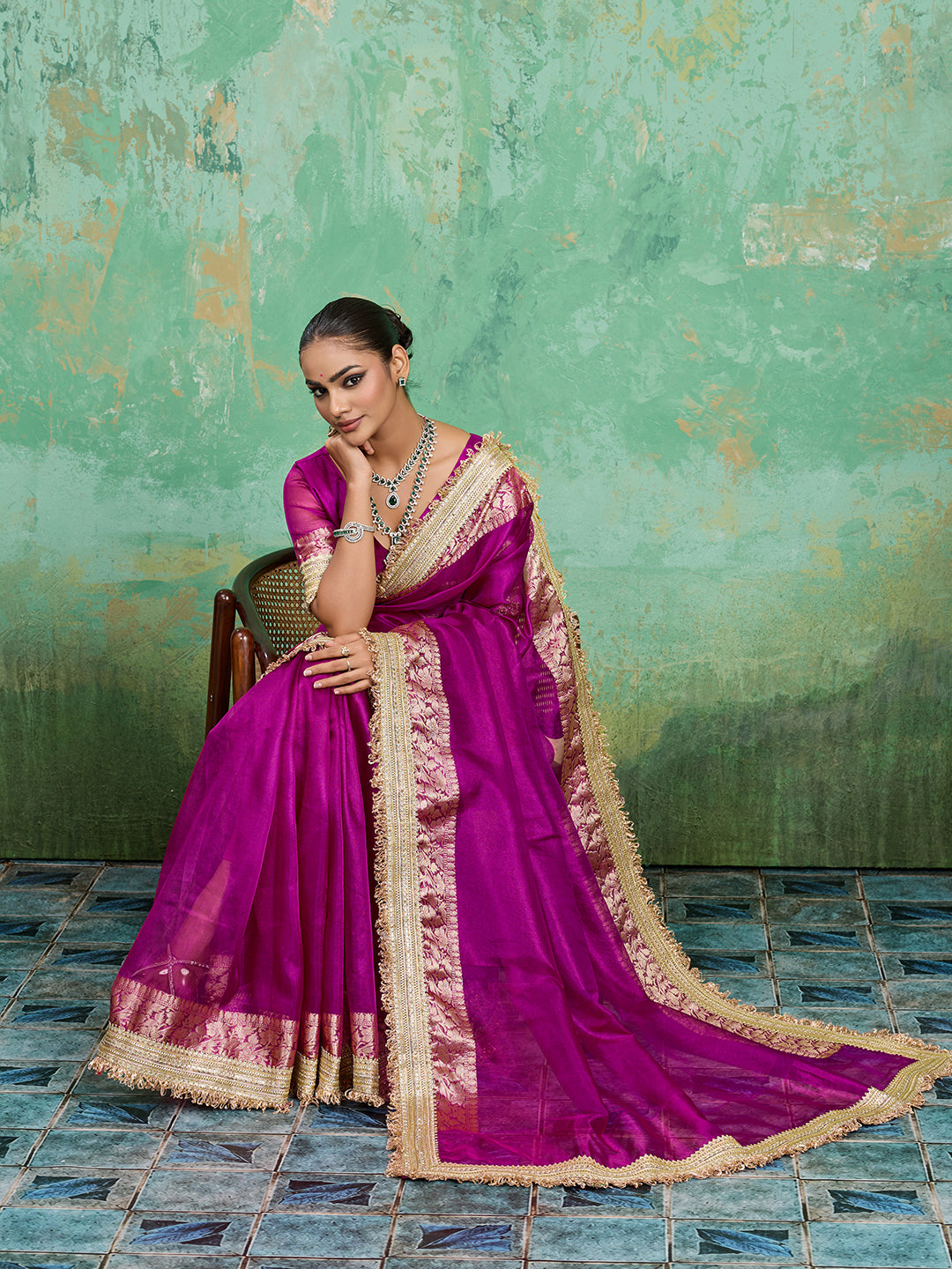 treding Tissue Silk saree in rani colour 