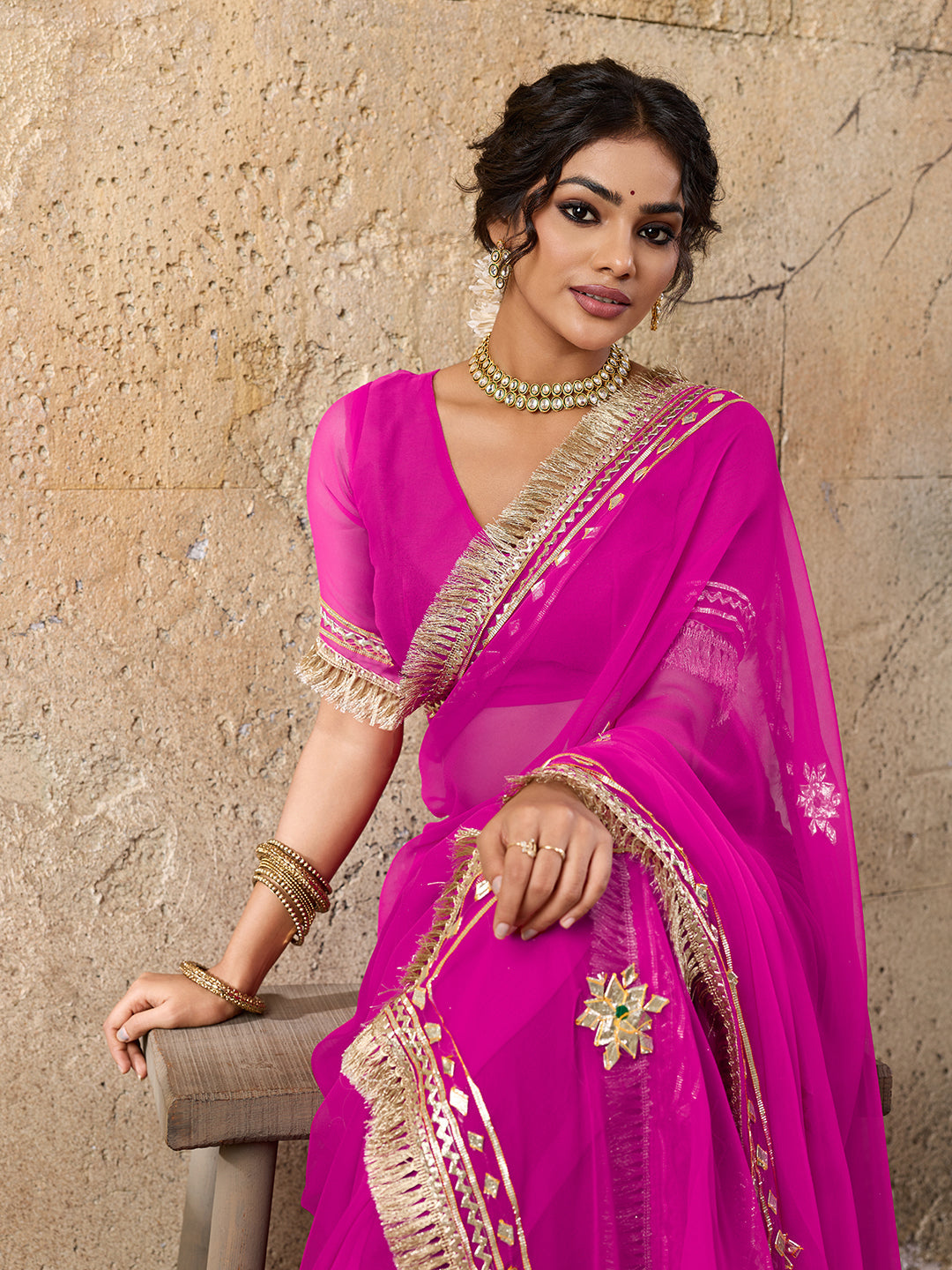 Buy Pink saree with gold embroidery gotapati work in pink colour