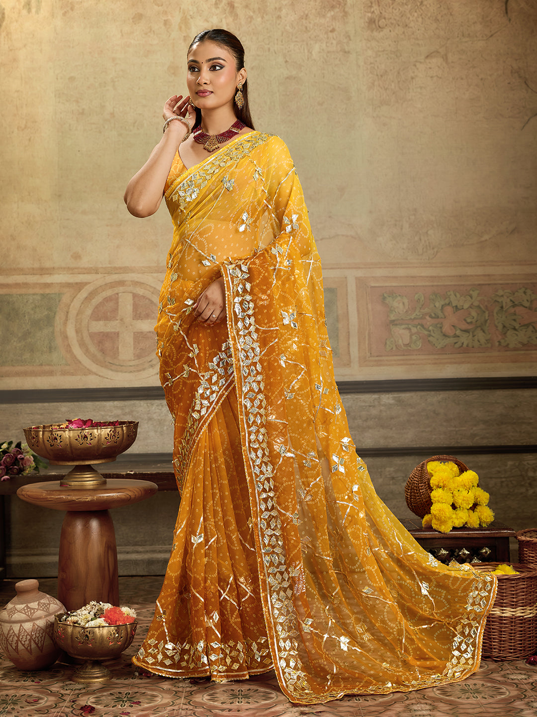 Tanmira  New Beautiful Georgette Chiffon Bandhani Style With Gotapatti Work Saree MHS