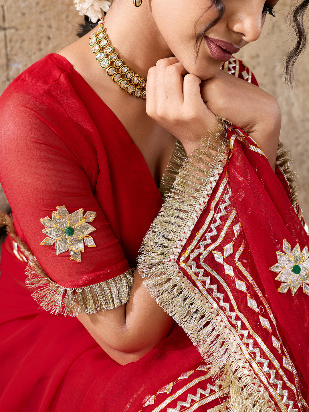 Buy Red saree with gold embroidery gatapati work in red colour