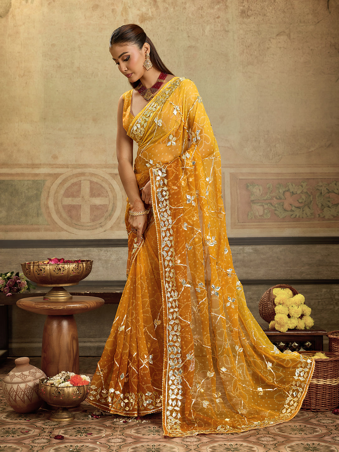 Tanmira  New Beautiful Georgette Chiffon Bandhani Style With Gotapatti Work Saree MHS
