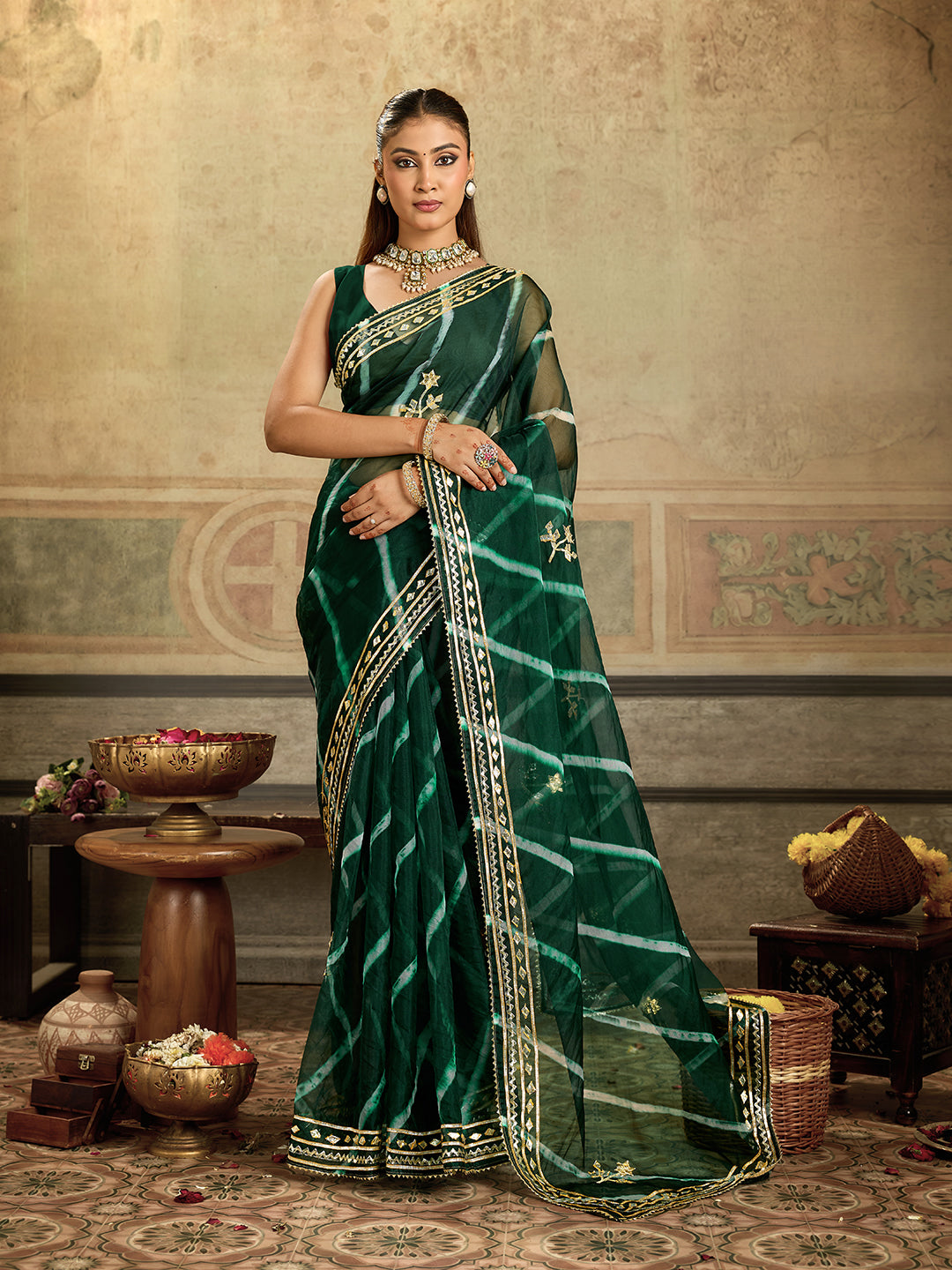 Tanmira  New Beautiful Organza Leheriya Style With Gotapatti Work Saree MHS