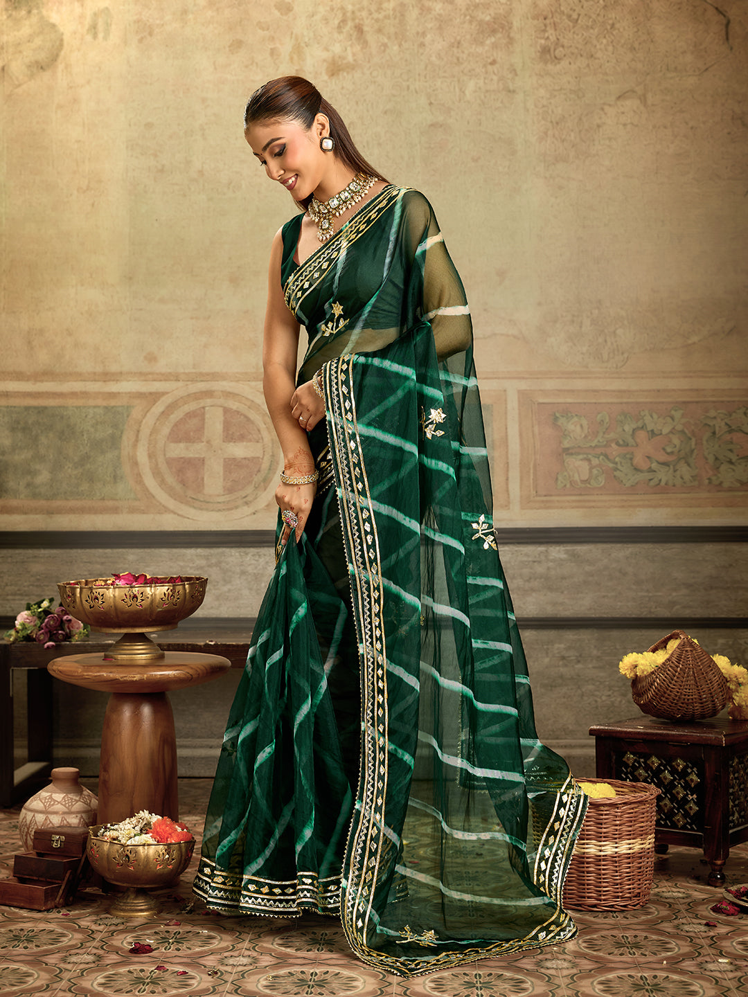 Tanmira  New Beautiful Organza Leheriya Style With Gotapatti Work Saree MHS