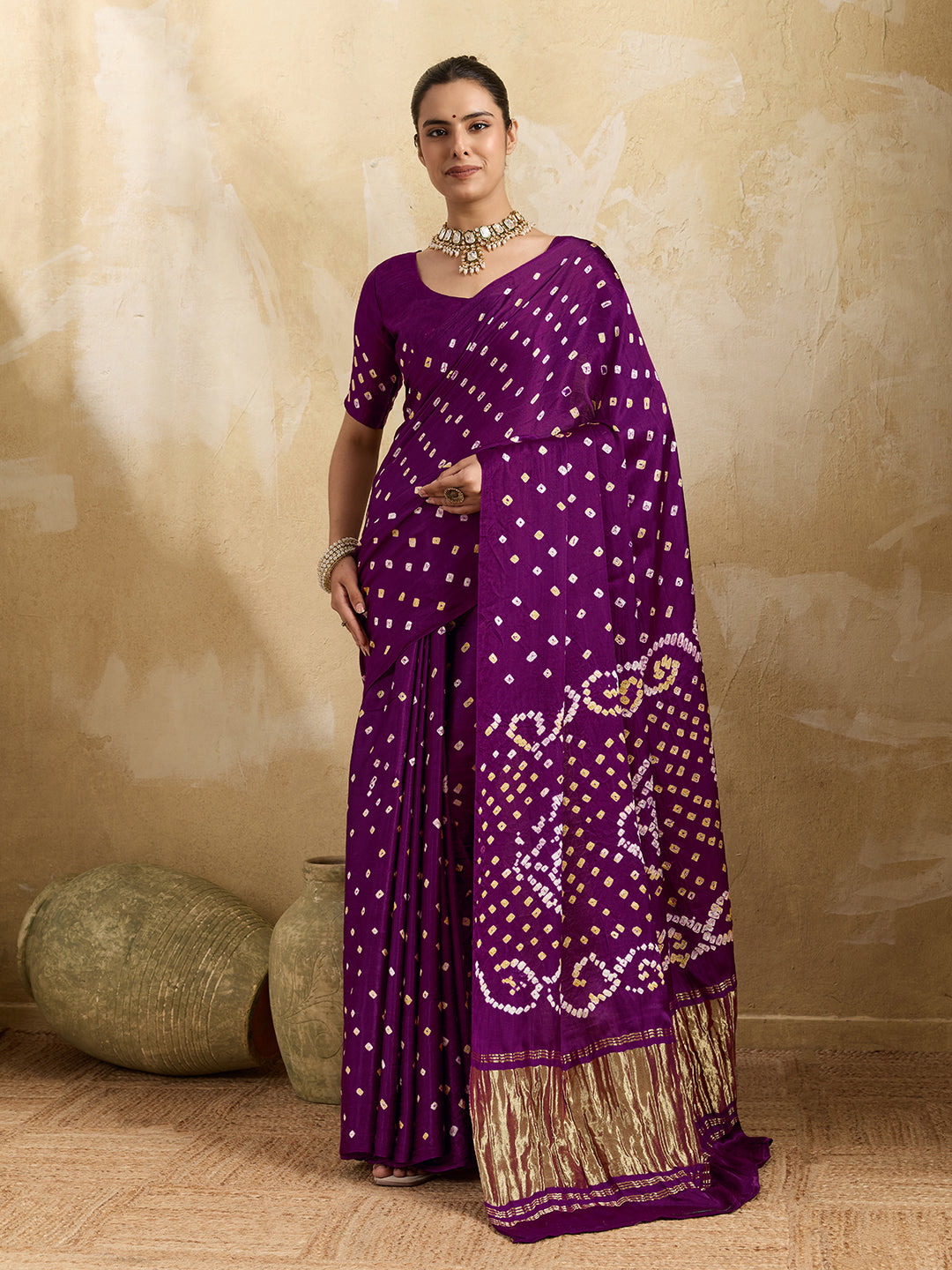 Tanmira Modal Gaji Silk Bandhani Ekdana Handmade Bandhej Saree with Lagdi Patta Pallu   RJB