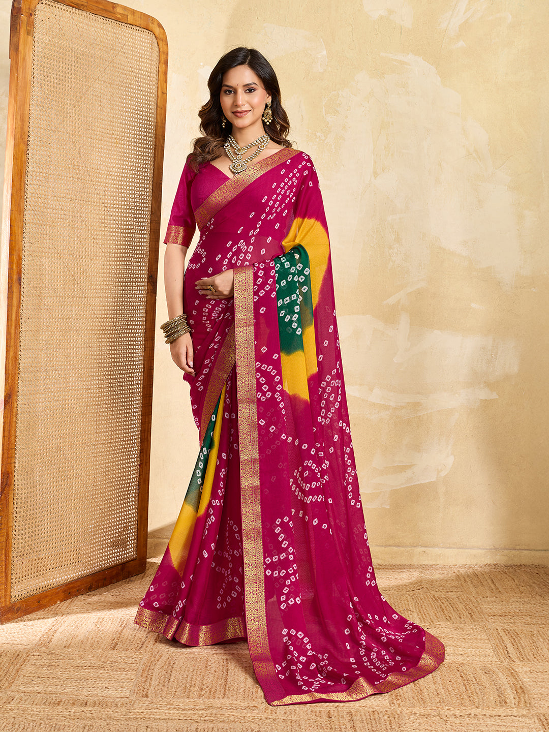 Tanmira  New Graceful Bandhani Style Moss Chiffon Georgette Saree with Zari Border KDN