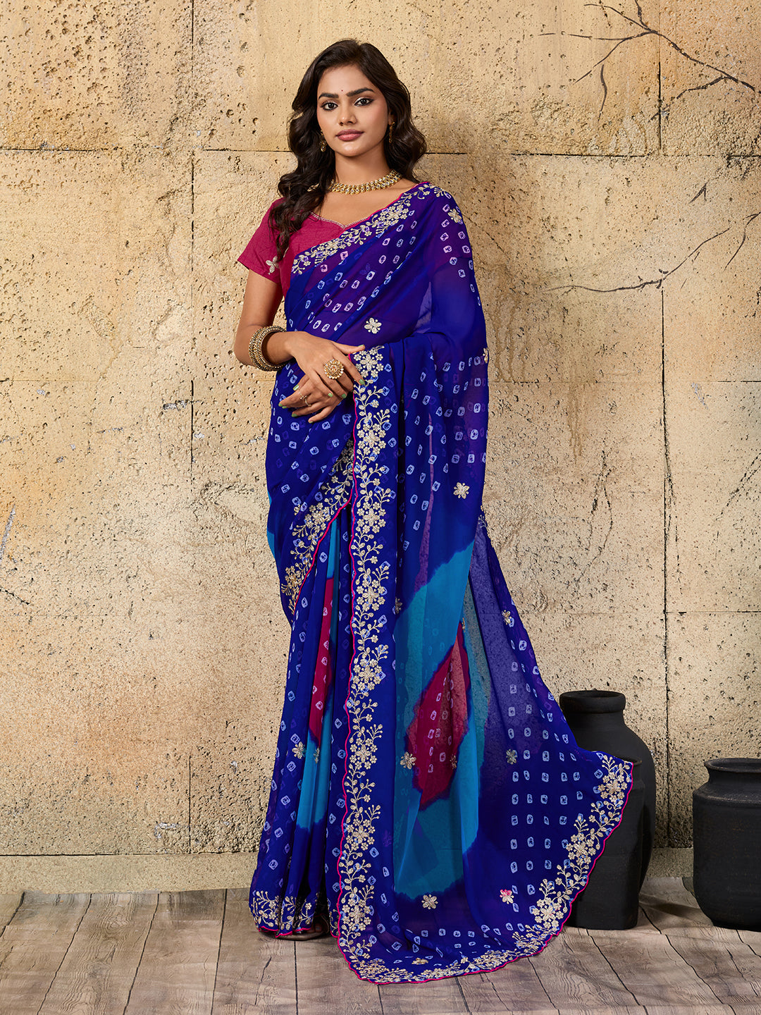Tanmira  New Soft Georgette Bandhani Printed Saree with Designer Peturn Work SWA