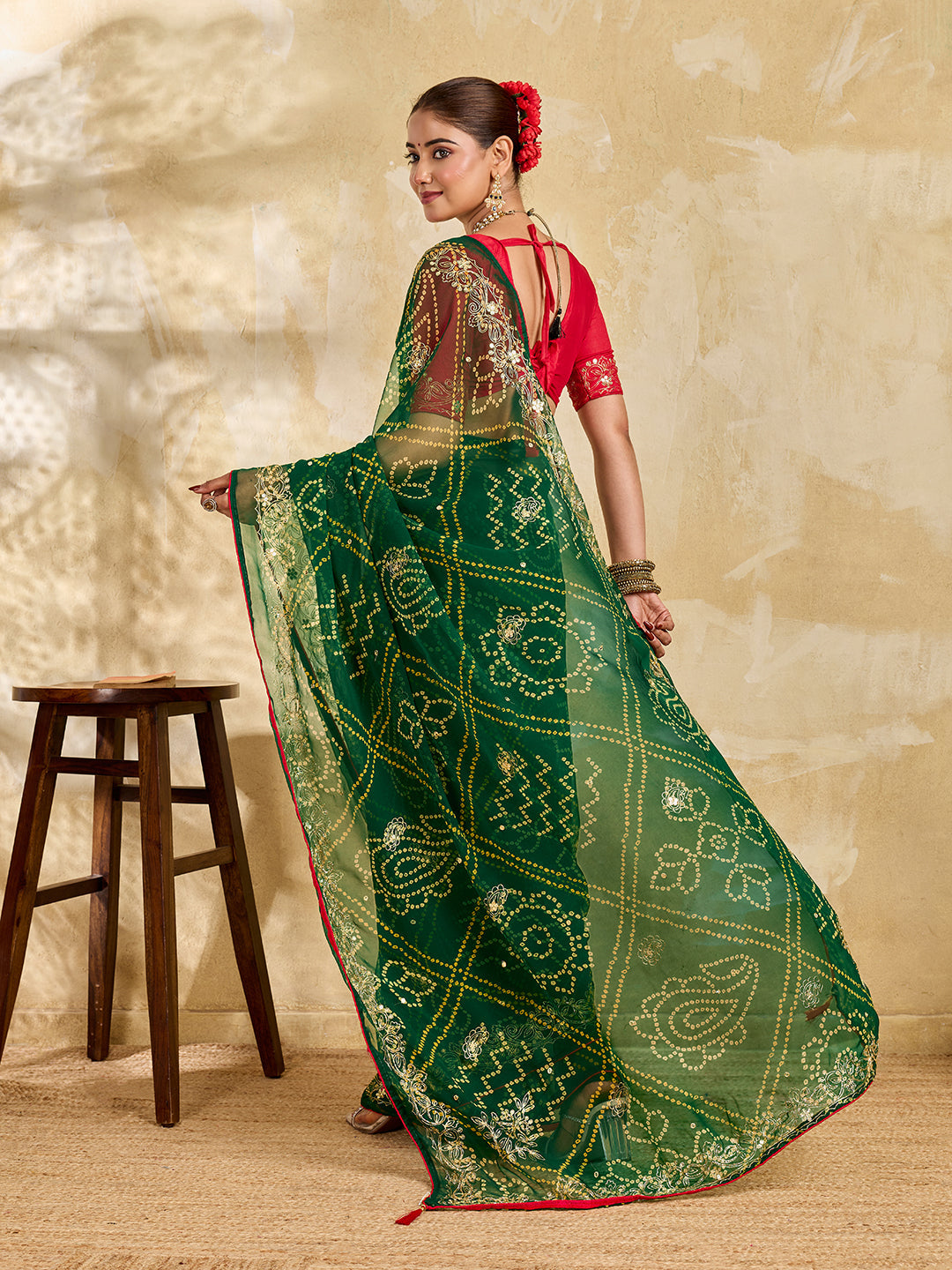 Buy Chiffon Saree Bandhani Style With Aari Work Tanmira