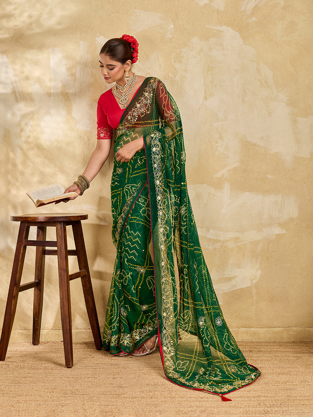 Buy Chiffon Saree Bandhani Style With Aari Work Tanmira