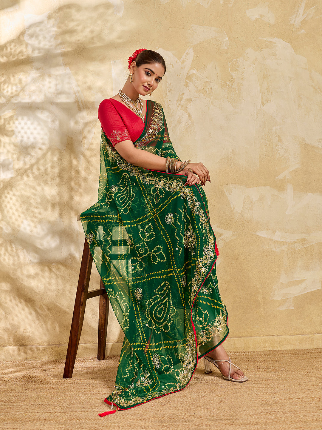 Buy Chiffon Saree Bandhani Style With Aari Work Tanmira