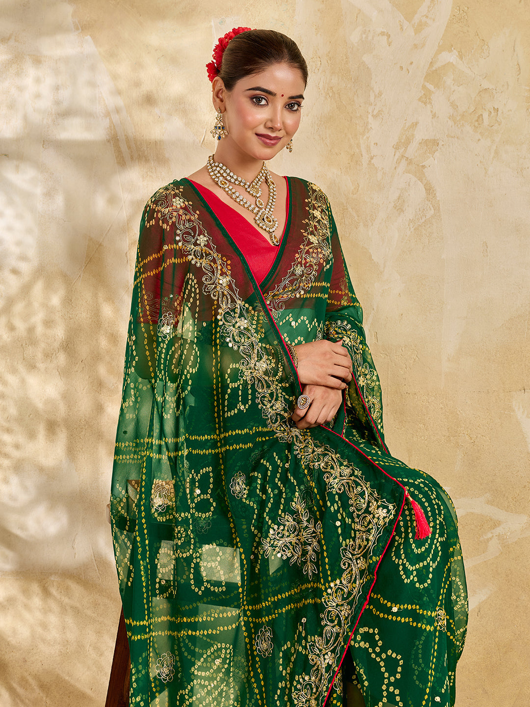 Buy Chiffon Saree Bandhani Style With Aari Work Tanmira