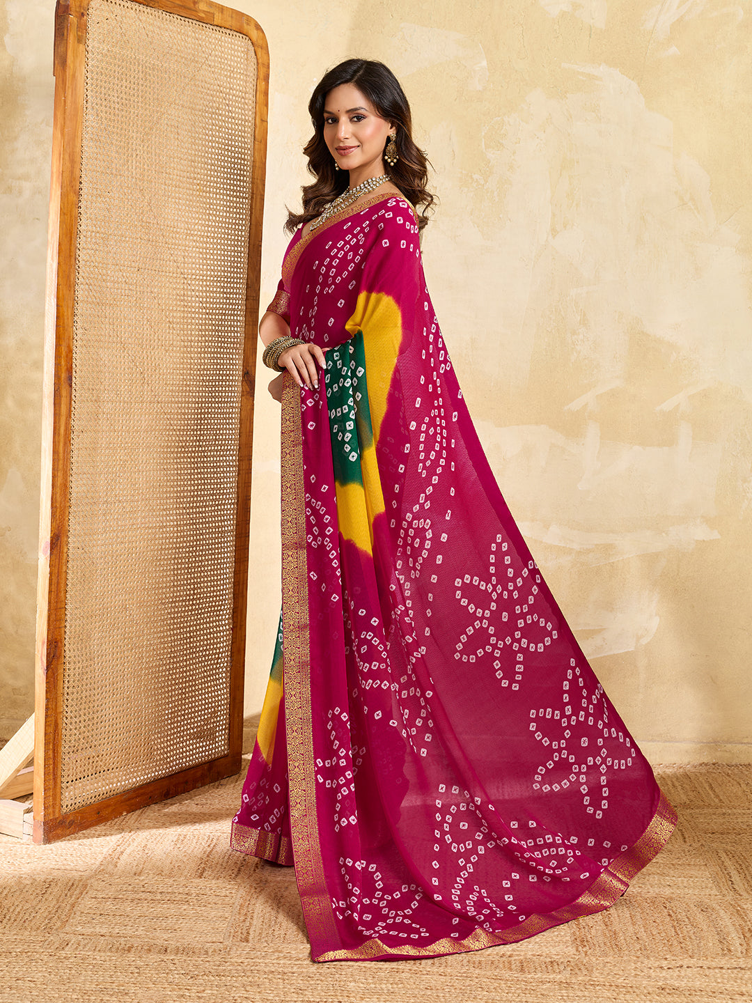 Tanmira  New Graceful Bandhani Style Moss Chiffon Georgette Saree with Zari Border KDN