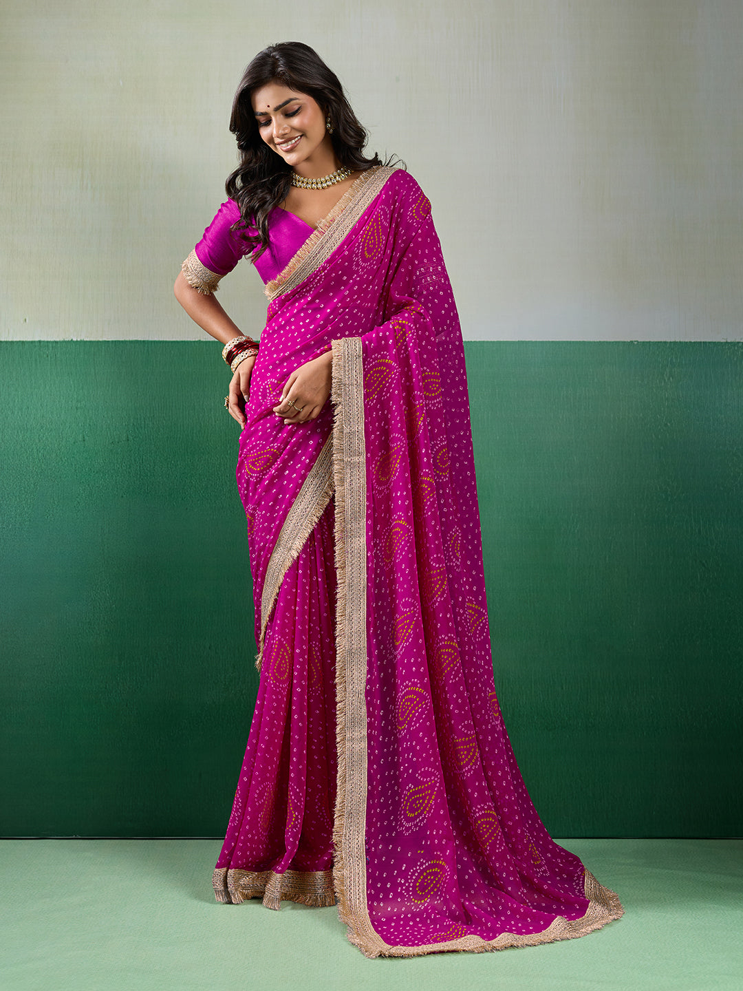 Tanmira Stylish Bandhani Pattern Georgette Saree with Embroidery Touch KDN