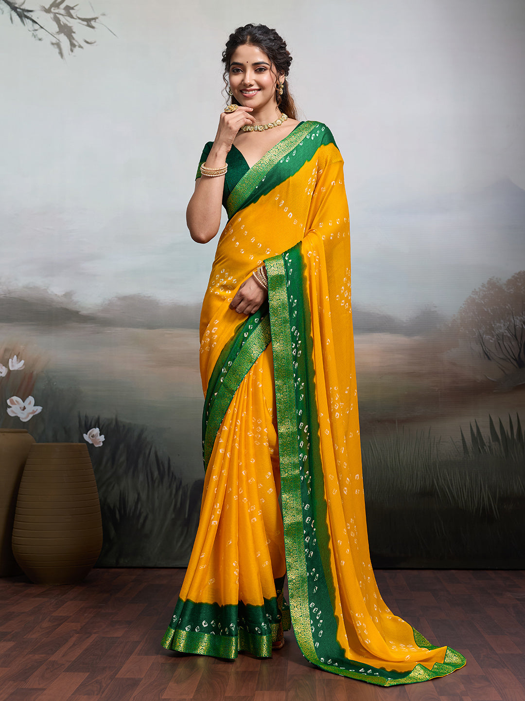 Tanmira New Launch Moss Chiffon Georgette Bandhani Sarees Yellow Green