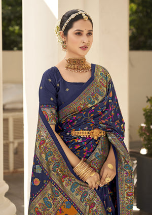 Pashmina Style saree  in blue color