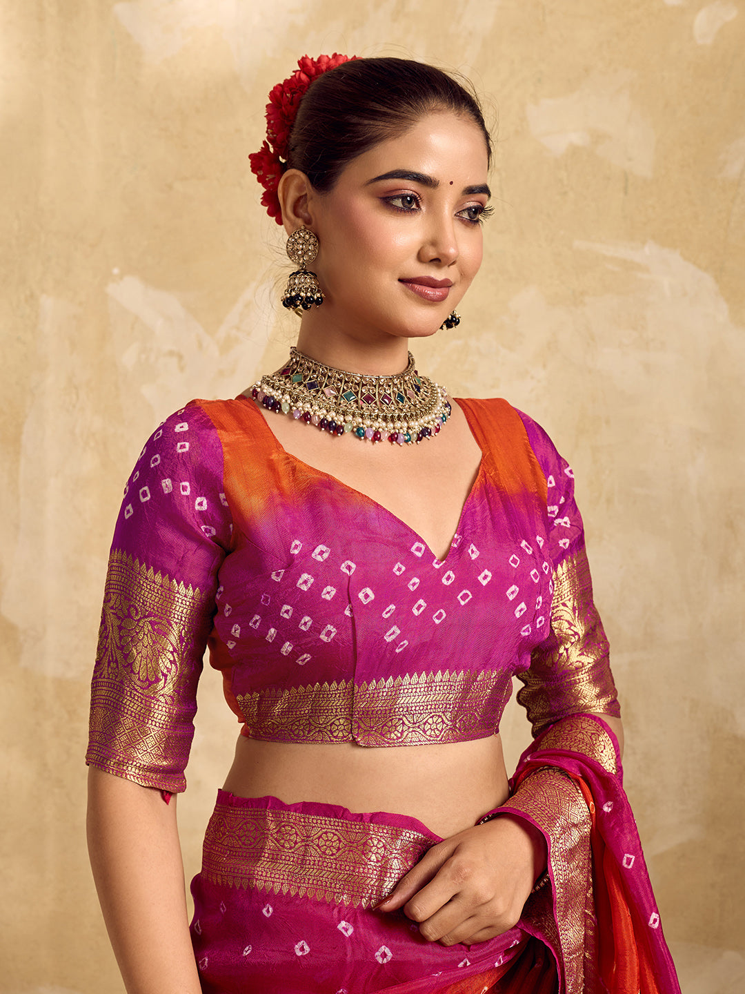 Viscos Silk Bandhani With Zari Border Saree under 2000