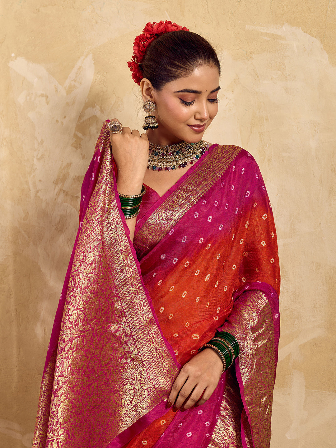  Viscos Silk Bandhani With Zari Border Saree under 2000