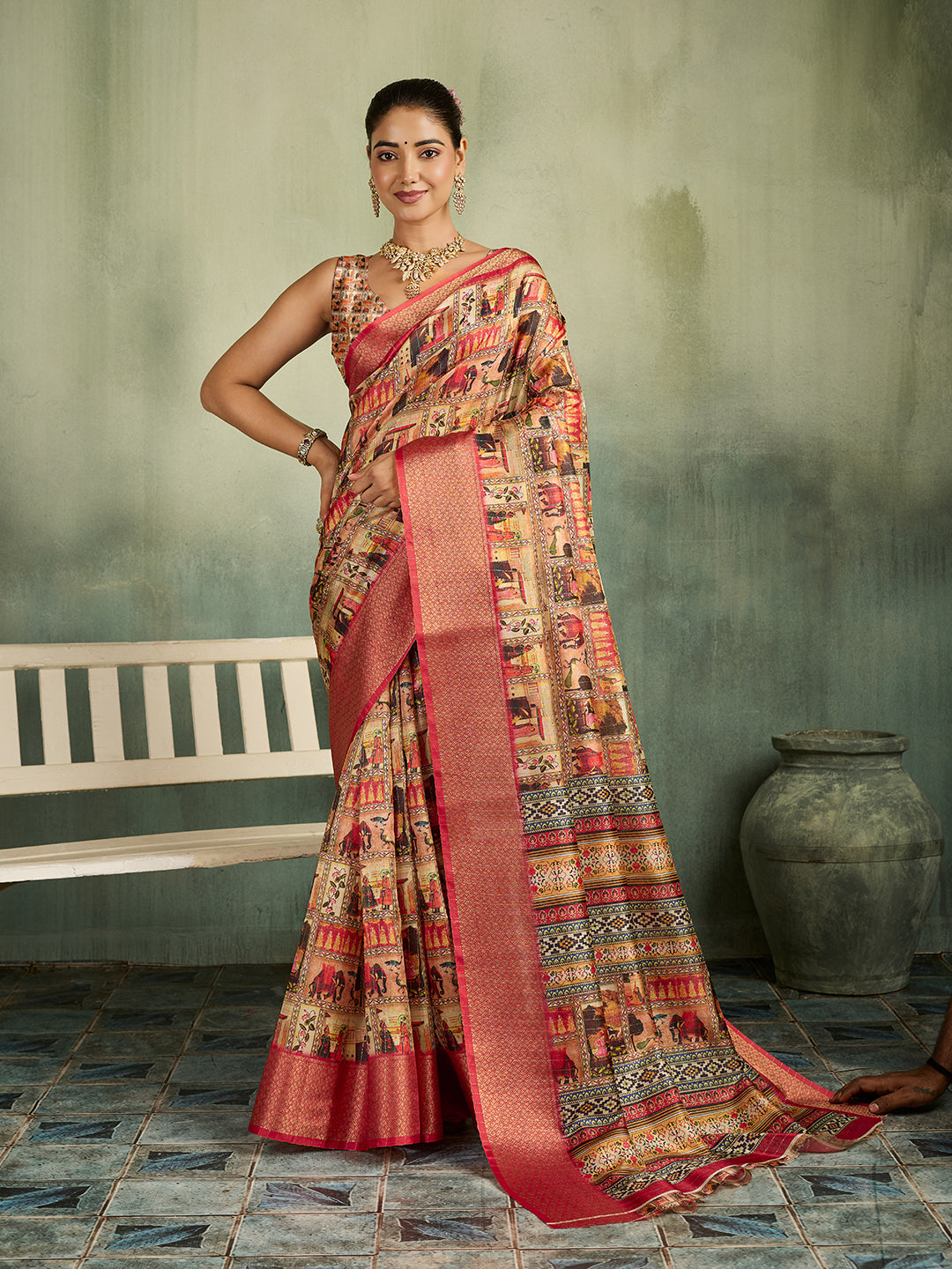 Tanmira  New Beautiful  Cotton Silk Kalamkari Style Zari Weaving Saree  STL