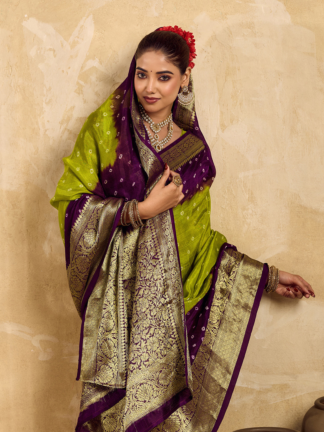 Buy  Viscos Silk Bandhani Saree With Zari Border under 2000