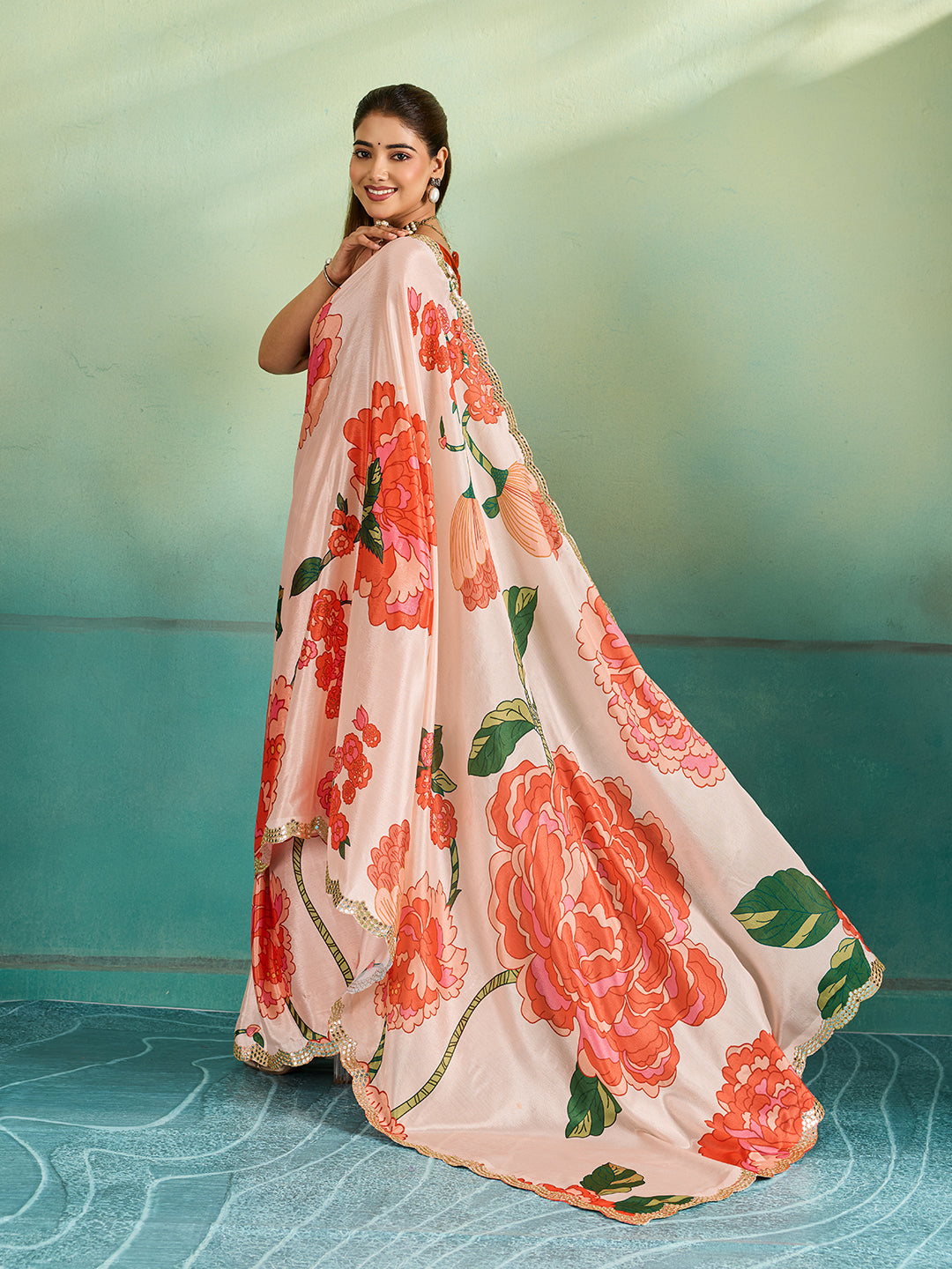 Tanmira Special Chinon Crape Floral Print Gotapatti Cutwork Border Sarees sana Off White