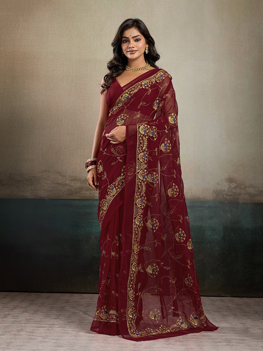 Tanmira  New Festive Ready Georgette Saree with Exquisite Aari Tari Handwork  JAY