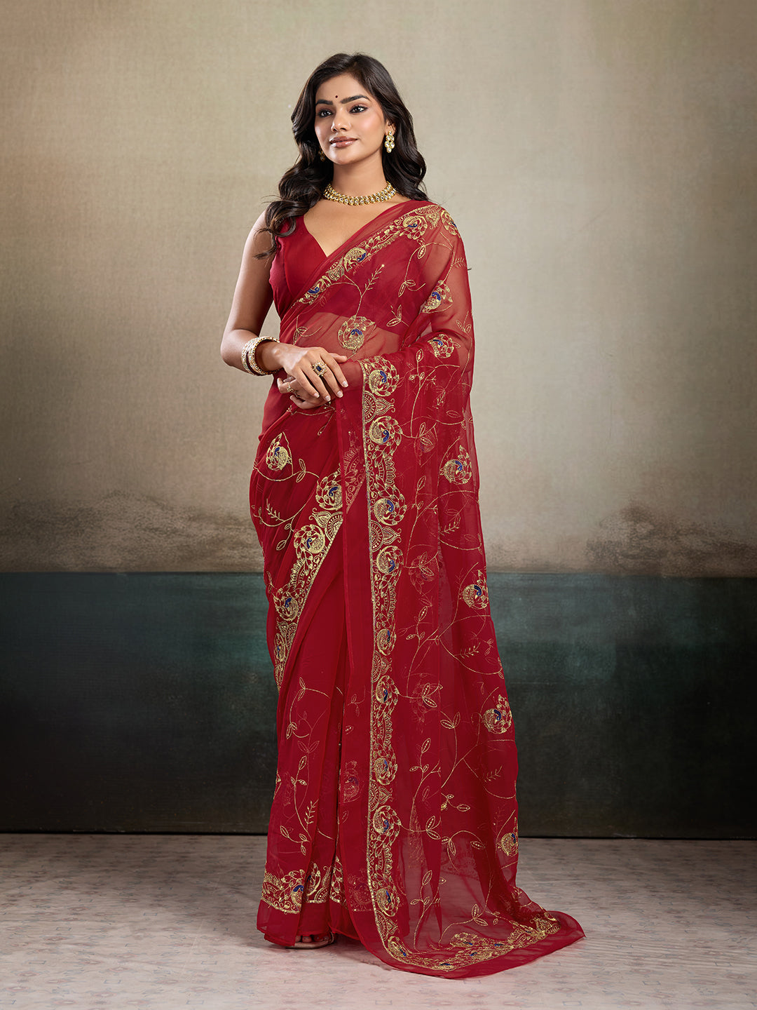 Tanmira  New Elegant Designer Chiffon Saree with Fine Aari Tari Work JAY