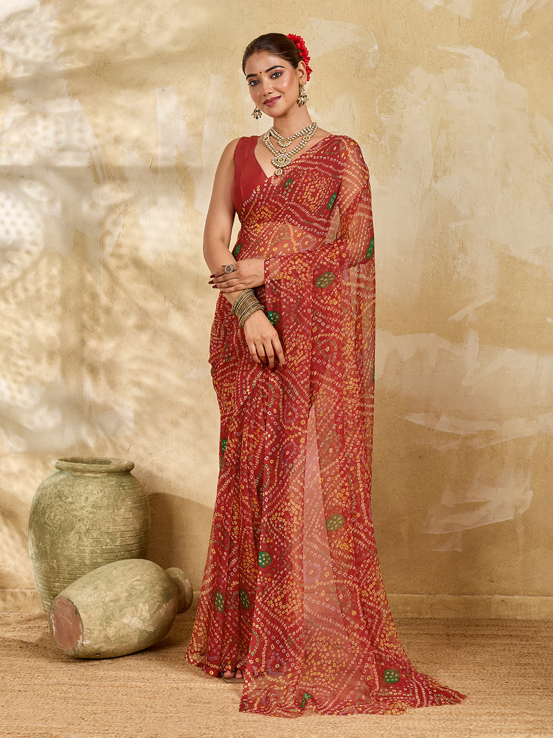 Tanmira Rajwadi Style Royal Georgette Bandhani Sarees Red