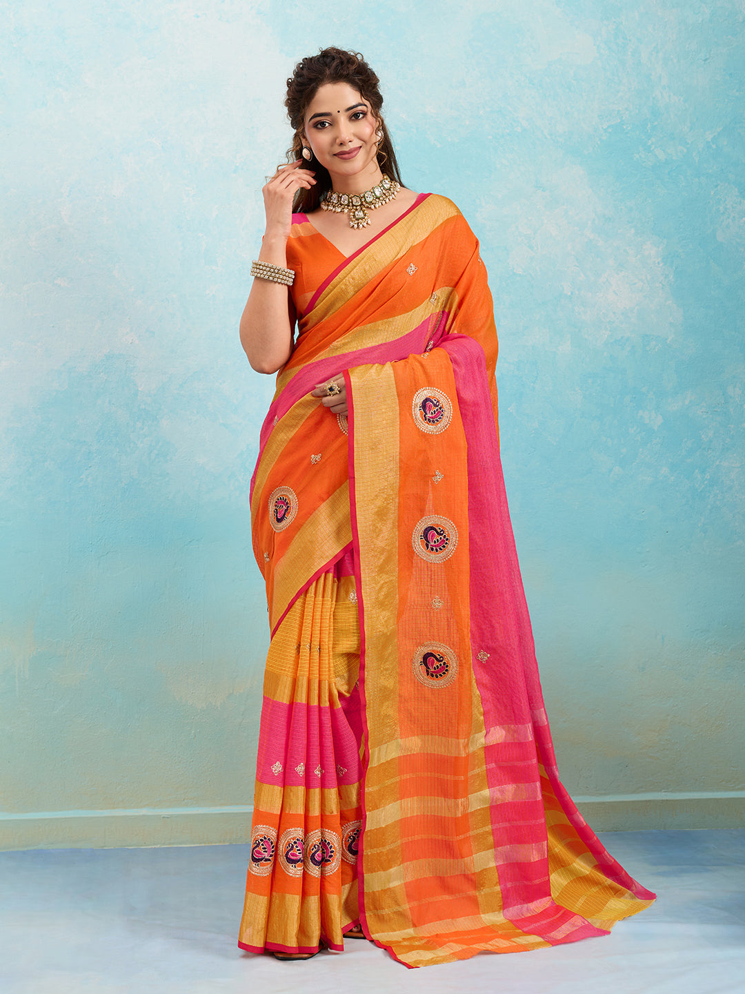 Tanmira  Pure Doria with zari design peacock design saree  Rani Orange  SANA