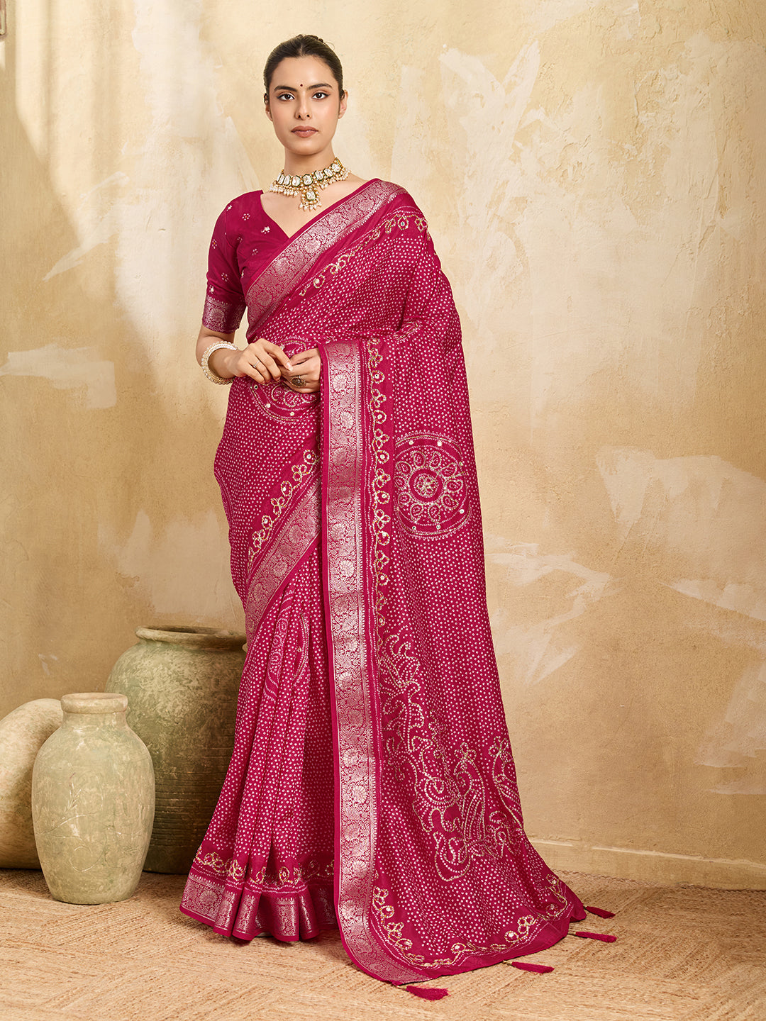 Tanmira  Designer Viscos Silk Bandhani Print Gotapatti Aaritari work Saree  Rani GAN