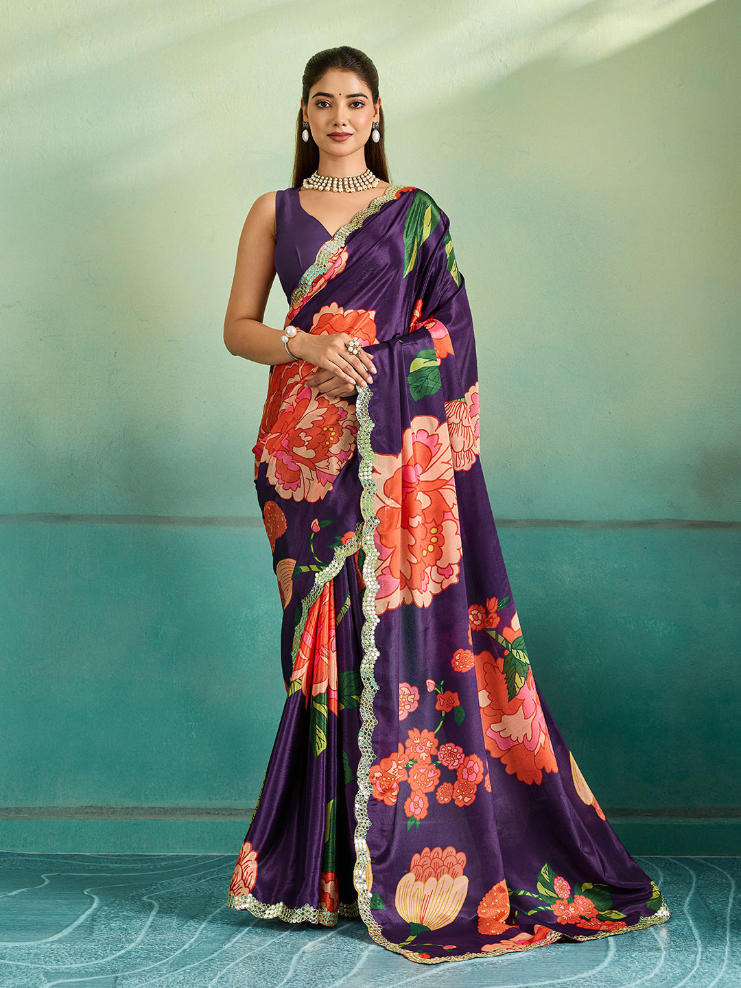 Tanmira  Latest Chinon Crape Floral Print Gotapatti Cutwork Border Sarees sana Purple