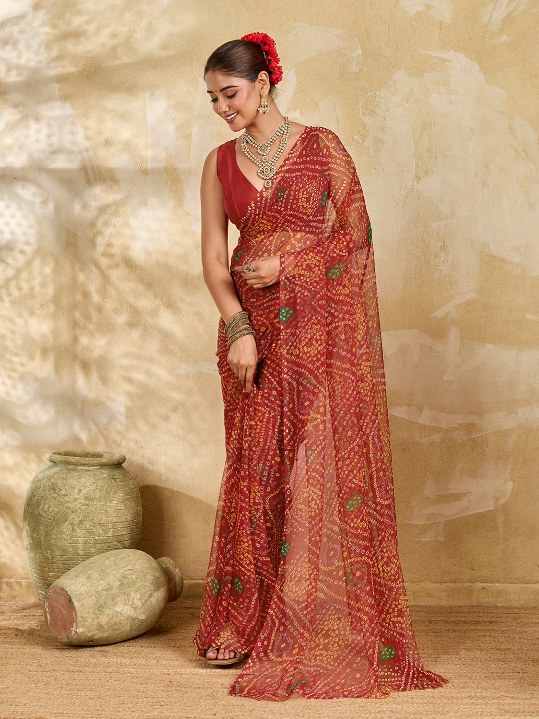 Tanmira Rajwadi Style Royal Georgette Bandhani Sarees Red